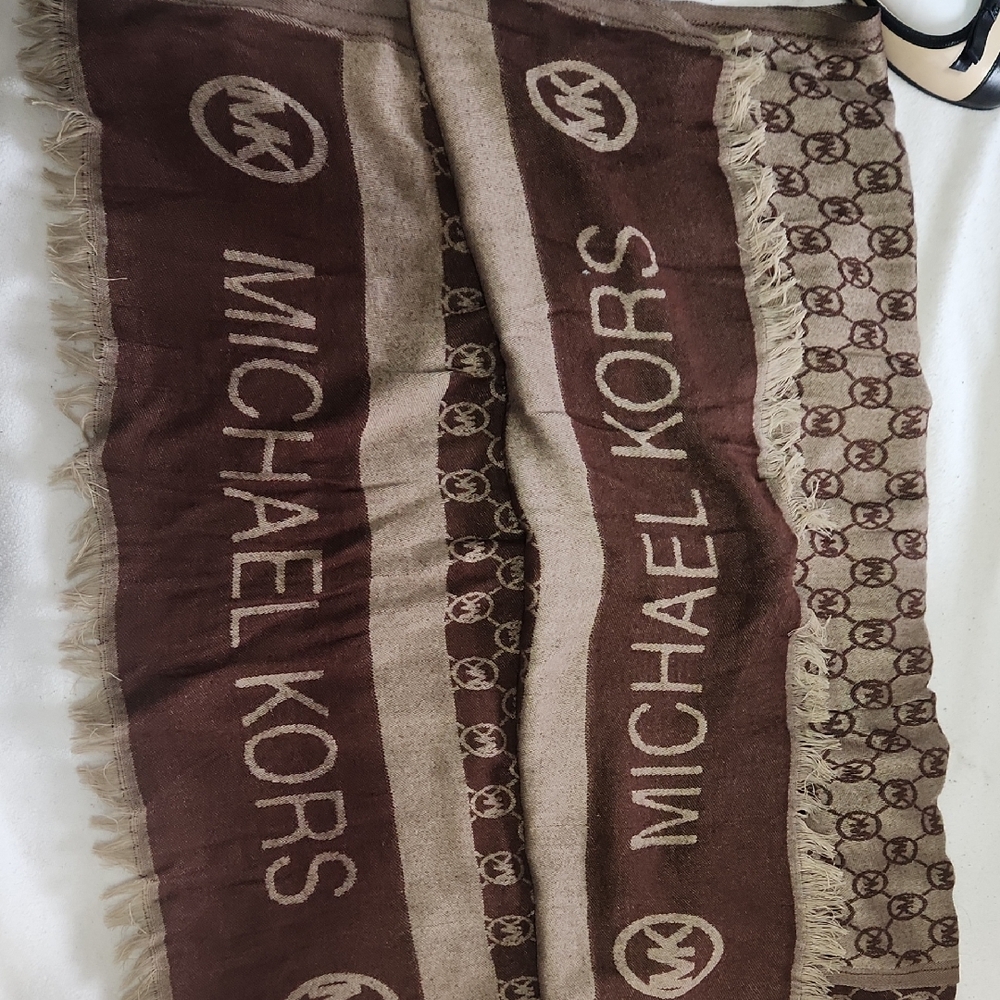 HUGE Michael Kors Brown and Beige Logo Fringe Scarf/wrap 74"x24"